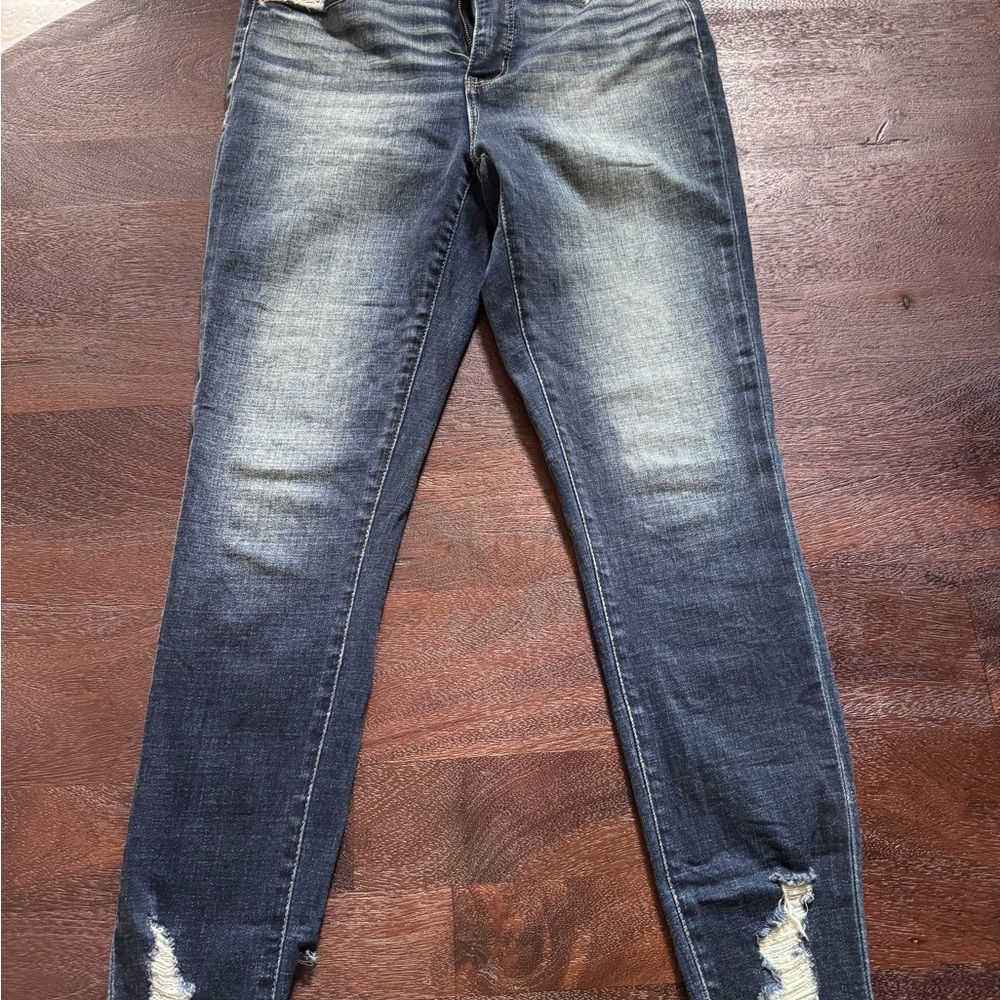 Buckle Distressed Dark Blue Skinny Jeans